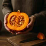 Osoba drží rozkrojenú tekvicu na drevenej doske