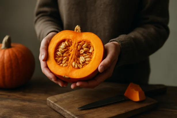 Osoba drží rozkrojenú tekvicu na drevenej doske