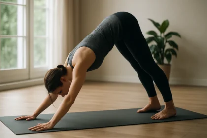 Žena vykonávajúca pozíciu psa hlavou dole na jogovej podložke.