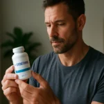 Muž skúma fľašu s doplnkom L-ornitínu na zlepšenie zdravia.