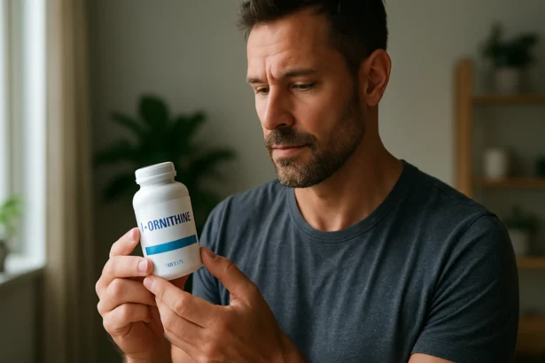Muž skúma fľašu s doplnkom L-ornitínu na zlepšenie zdravia.