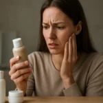 Žena v nervozite kontroluje obsah kozmetických produktov.