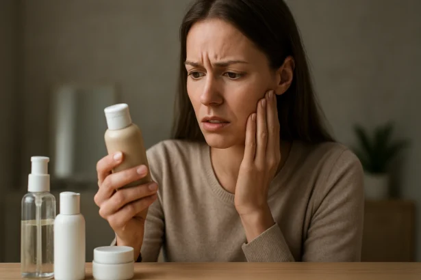 Žena v nervozite kontroluje obsah kozmetických produktov.