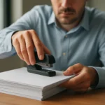 Muž viaže papier pomocou sponkovačky na stole poľa prácu.