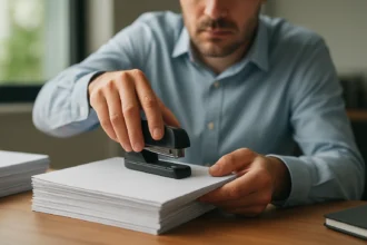 Muž viaže papier pomocou sponkovačky na stole poľa prácu.