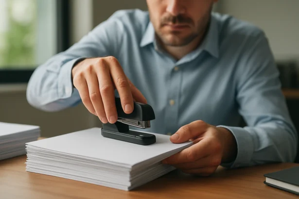 Muž viaže papier pomocou sponkovačky na stole poľa prácu.