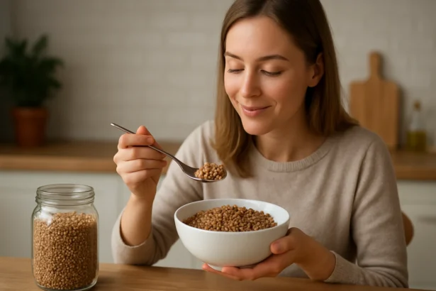 Žena si pochutnáva na pohánke z bielej misky s úsmevom.