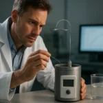 Vedec skúmajúci kalorimeter v laboratóriu