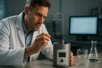 Vedec skúmajúci kalorimeter v laboratóriu