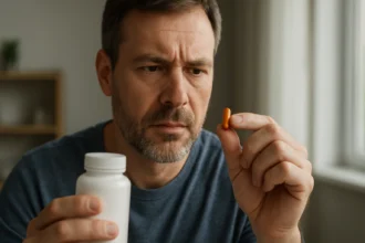 Muž skúma neonax kapsulu pred užitím