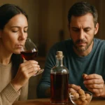 Pár si vychutnáva orechovicu a orechy pri stole