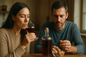 Pár si vychutnáva orechovicu a orechy pri stole