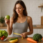 Žena s jablkom a meracou páskou, zdravá výživa na stole.