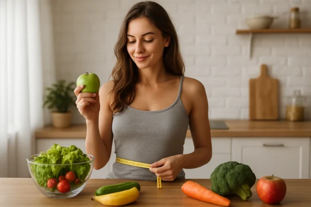 Žena s jablkom a meracou páskou, zdravá výživa na stole.