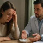 Žena v diskusii s lekárom o zdravotných obavách.