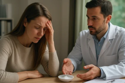 Žena v diskusii s lekárom o zdravotných obavách.