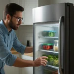 Muž kontroluje potraviny v elektrickej chladničke plnej čerstvých surovín.