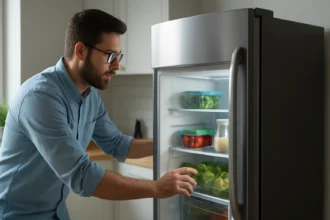 Muž kontroluje potraviny v elektrickej chladničke plnej čerstvých surovín.
