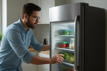 Muž kontroluje potraviny v elektrickej chladničke plnej čerstvých surovín.