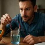 Muž experimentuje s galvanickým článkom vo vode, analyzuje prúd