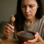 Žena s makom a jeho semenami v miske.