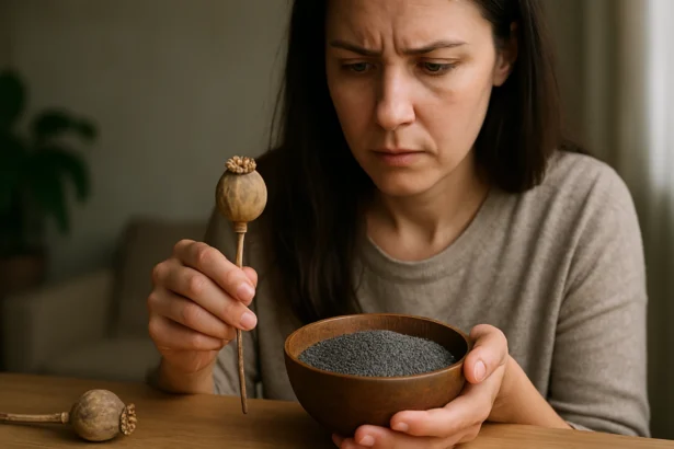 Žena s makom a jeho semenami v miske.
