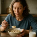 Žena konzumuje celozrnnú ovsenú kašu na zdravé raňajky.