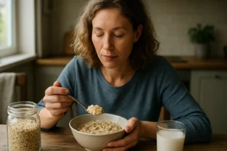 Žena konzumuje celozrnnú ovsenú kašu na zdravé raňajky.
