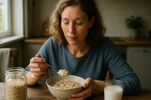 Žena konzumuje celozrnnú ovsenú kašu na zdravé raňajky.