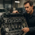 Mechanik kontroluje 5-valcový motor v automobilovom priemysle.