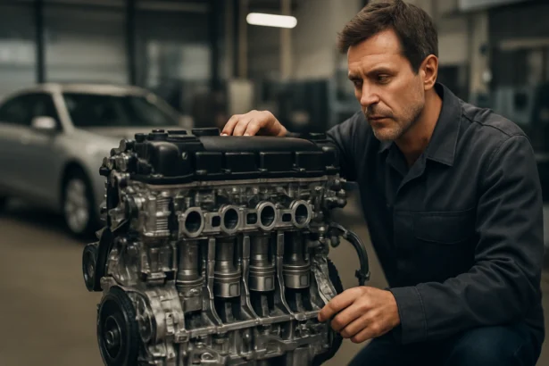 Mechanik kontroluje 5-valcový motor v automobilovom priemysle.