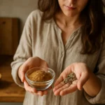 Žena drži mletý kmín a korenie v rukách za kuchynským stolom.