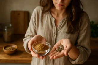 Žena drži mletý kmín a korenie v rukách za kuchynským stolom.