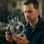 Mechanik skúma hybridné turbodúchadlo v dielni.