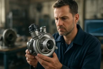 Mechanik skúma hybridné turbodúchadlo v dielni.