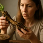Žena skúma koreň pohánkovca s bylinkami v pozadí.
