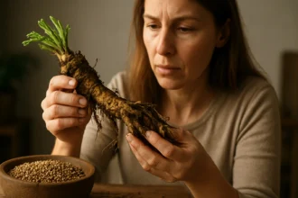 Žena skúma koreň pohánkovca s bylinkami v pozadí.
