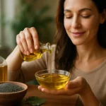 Žena liate makový olej do misky, vedľa sú semená maku