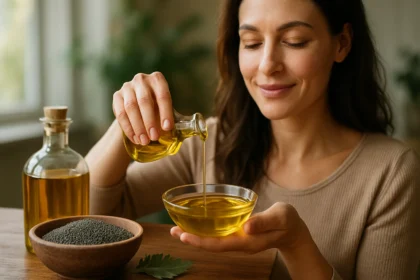 Žena liate makový olej do misky, vedľa sú semená maku