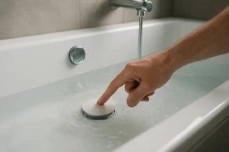 Ruka stlačuje automatický vypúšťač vane v modernom kúpeľni.