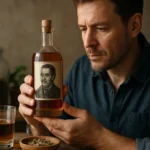 Muž skúma fľašu Hunyadi János, prírodnej minerálky s liečivými účinkami.