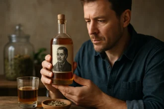 Muž skúma fľašu Hunyadi János, prírodnej minerálky s liečivými účinkami.