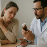 Žena s bolesťou a lekár ukazujúci na liek Nubain