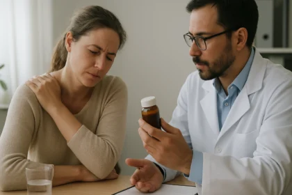 Žena s bolesťou a lekár ukazujúci na liek Nubain