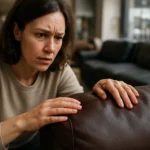 Žena kontroluje kvalitu koženého nábytku pred kúpou.