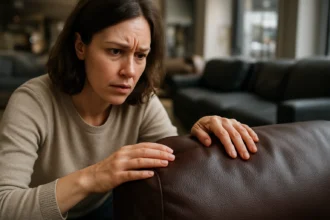 Žena kontroluje kvalitu koženého nábytku pred kúpou.