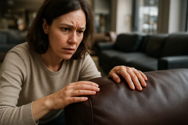 Žena kontroluje kvalitu koženého nábytku pred kúpou.