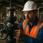 Pracovník kontroluje regulačný ventil v priemyselnom prostredí.