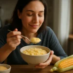 Žena si vychutnáva kukuričnú kašu na raňajky, zdravé stravovanie