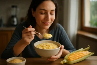 Žena si vychutnáva kukuričnú kašu na raňajky, zdravé stravovanie